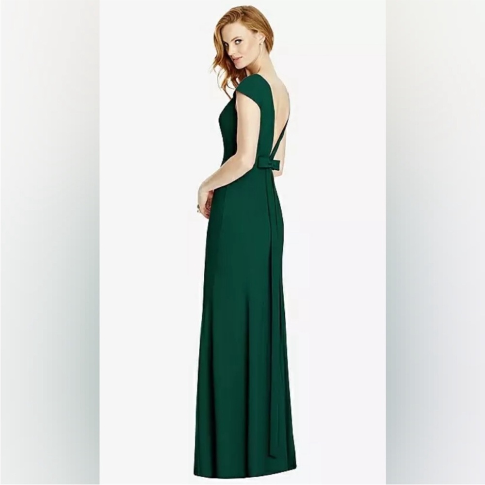 New Dessy Bateau-Neck Cap Sleeve Open-Back Trumpet Gown in Green 4